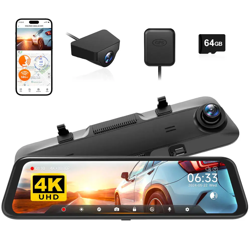 Wolfbox G850 Wifi Smart Rearview Mirror Dash Cam And Backup Camera With Voice Control 1