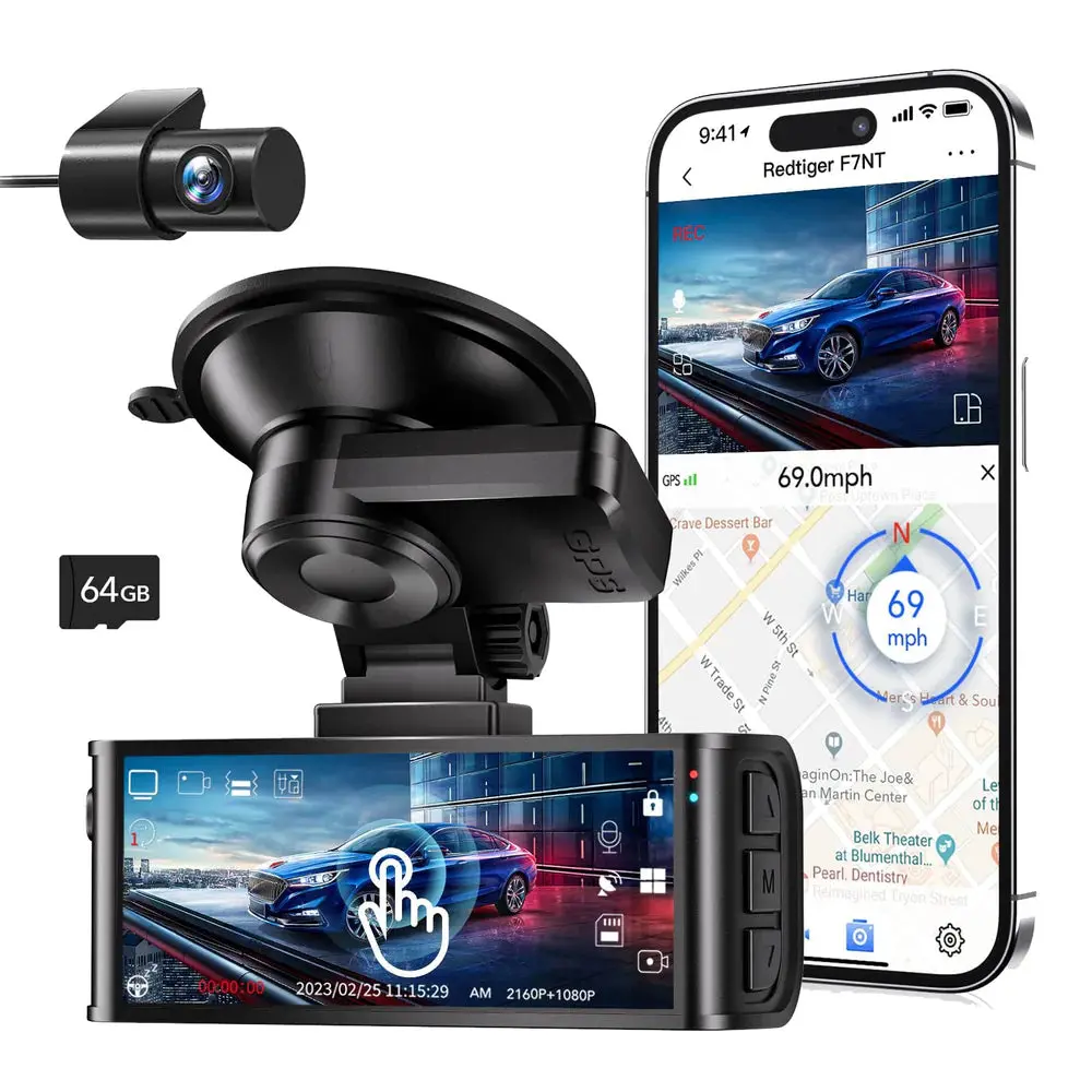 Redtiger F7nt Max Touch Screen 4K Dash Cam Front And Rear, Wi-Fi Gps, 64Gb Sd Card 1