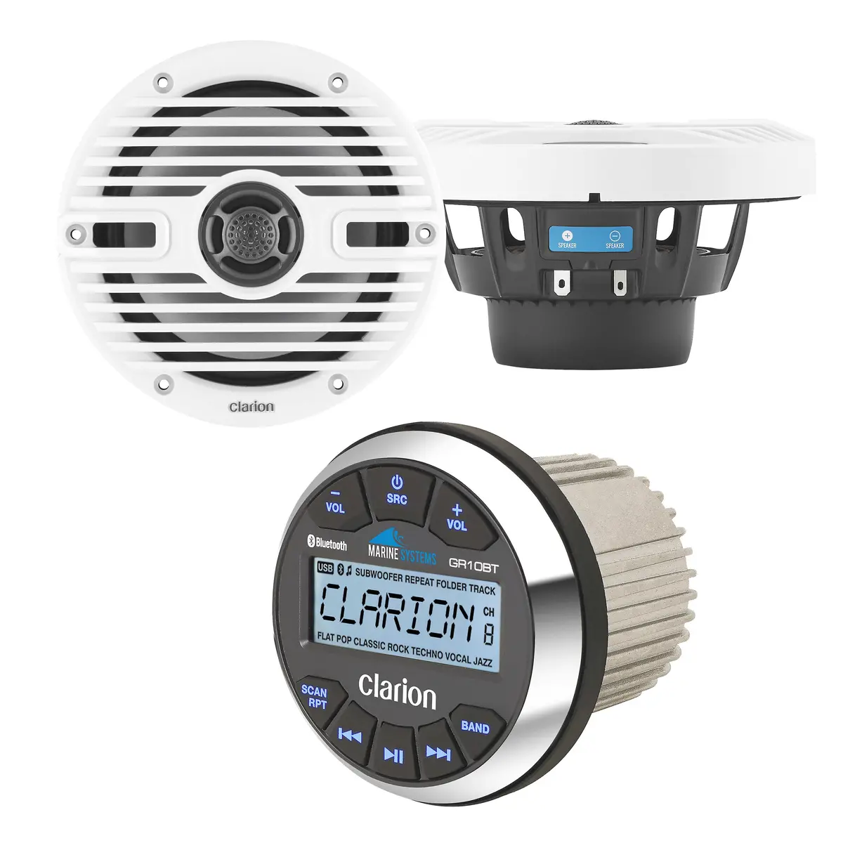 Clarion Gr10bt Marine Receiver + Cms-651-Cwb (1 Pair) Marine Speaker Bundle 1