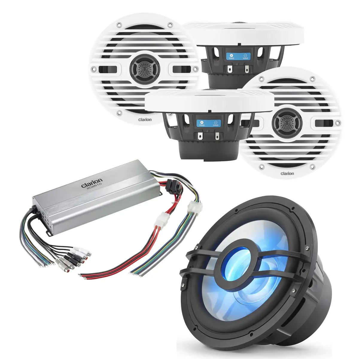 Clarion Cms-651-Cwb X2 Pair 6.5" Speakers + Cmsp-101Rgb-2 + Xc2510 Marine Amp Bundle 1