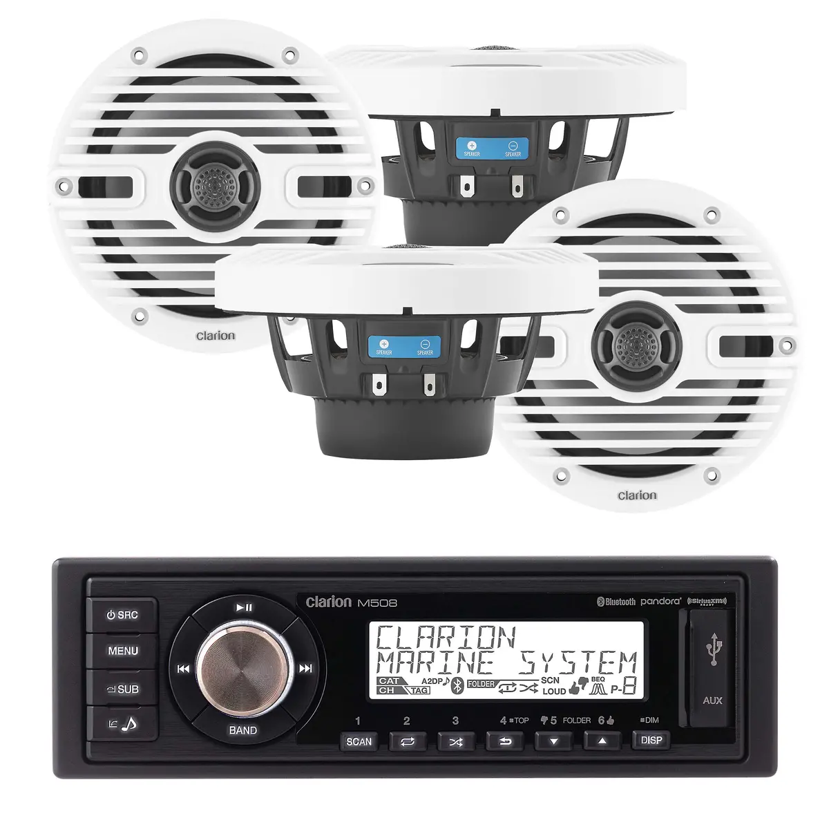 Clarion M508 1-Din + Cms-651-Cwb X2 Pairs 6.5" Marine Speaker Bundle 1