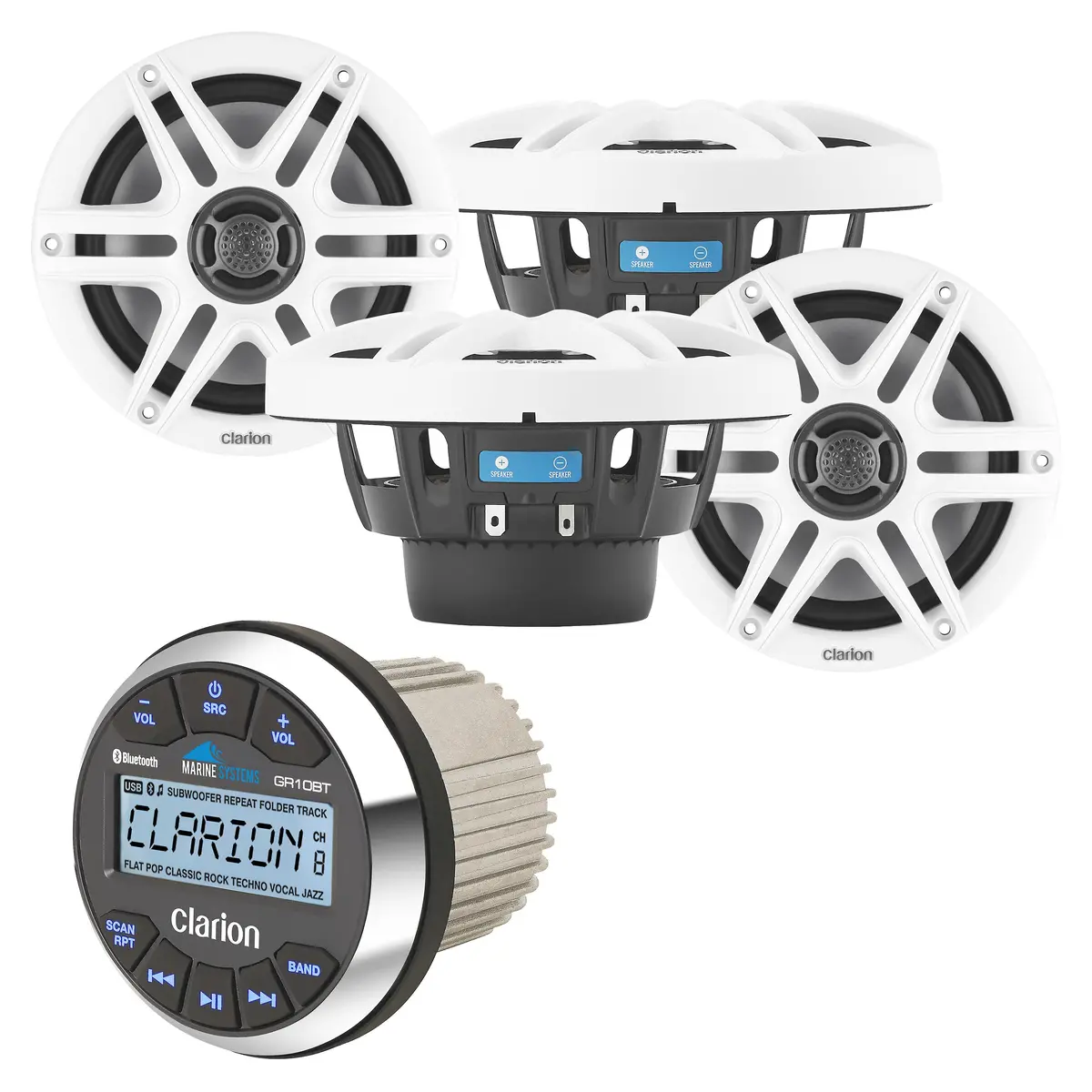 Clarion Gr10bt + X2 Pairs Cms-651-Swb 6.5" Marine Speakers Bundle 1
