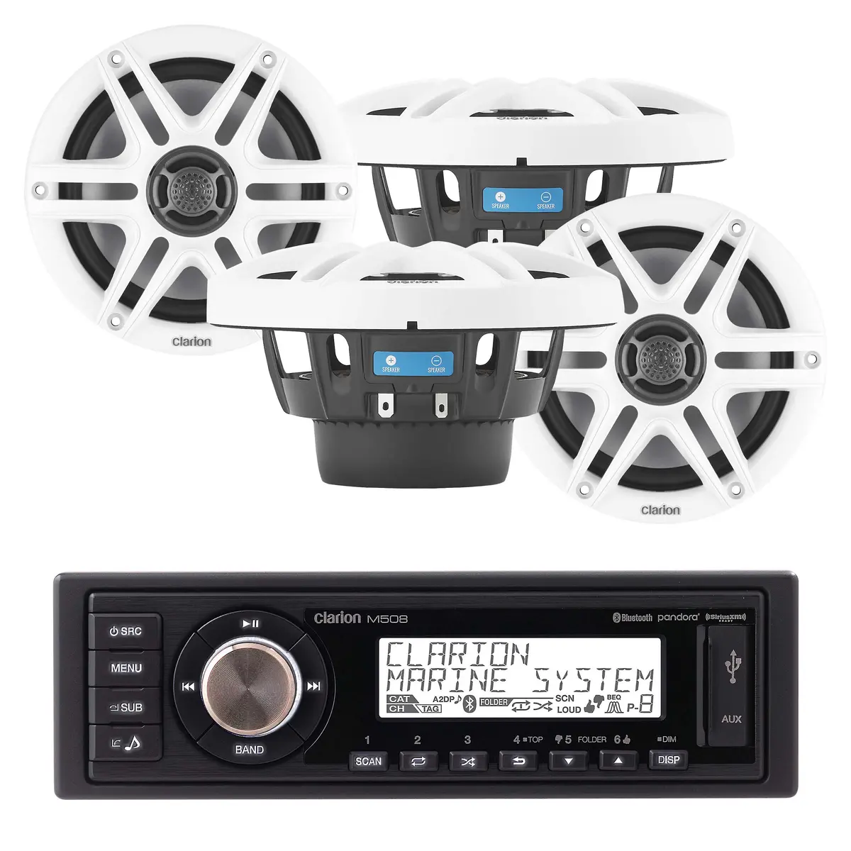 Clarion M508 1-Din + Cms-651-Swb X2 Pair 6.5" Speakers Marine Bundle 1