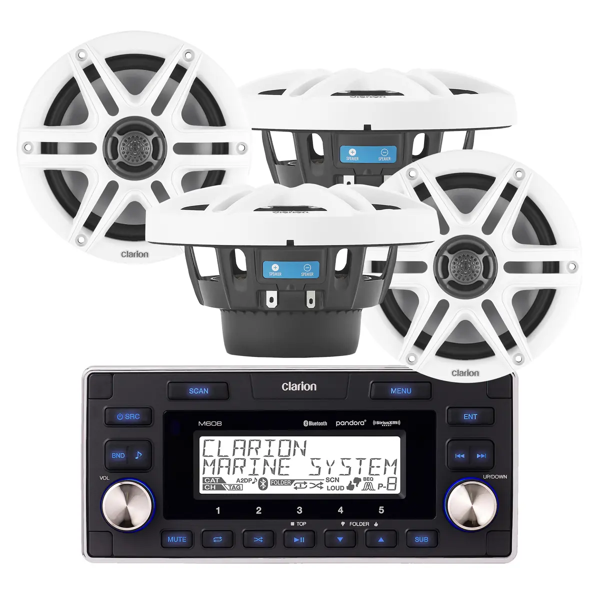 Clarion Cms-651-Swb X2 Pairs Speakers + M608 1-Din Receiver Marine Bundle 1