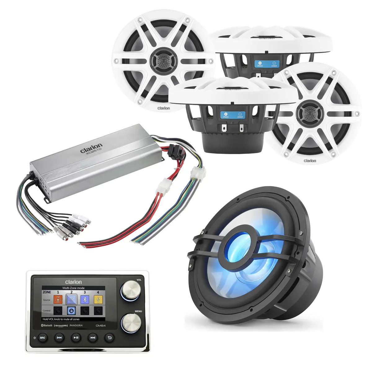 Clarion Cms4 + Cms-651-Cwb X2 Pair + Cmsp-101Rgb-2 + Xc2510 Marine Bundle 1