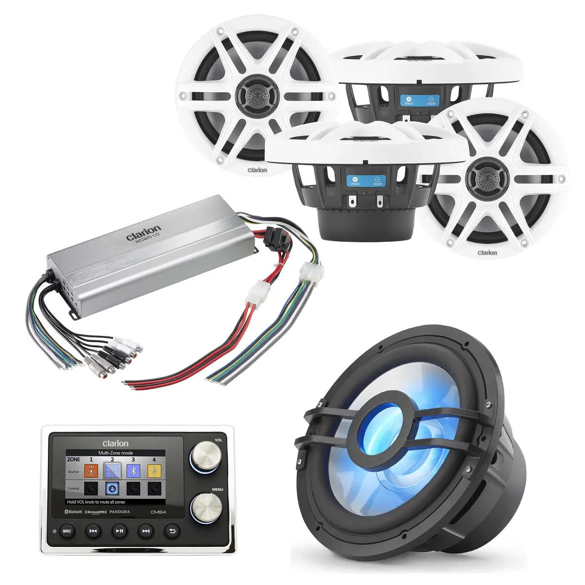 Clarion Cms4 + Cms-651-Swb X2 Pair + Cmsp-101Rgb-2 + Xc2510 Marine Bundle 1