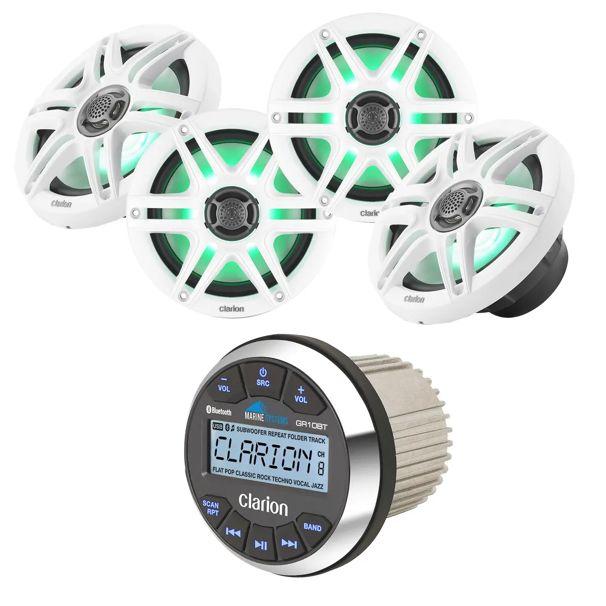 Clarion Gr10bt + X2 Pair Cms-651Rgb-Swb 6.5" Marine Speakers With Leds Bundle 1