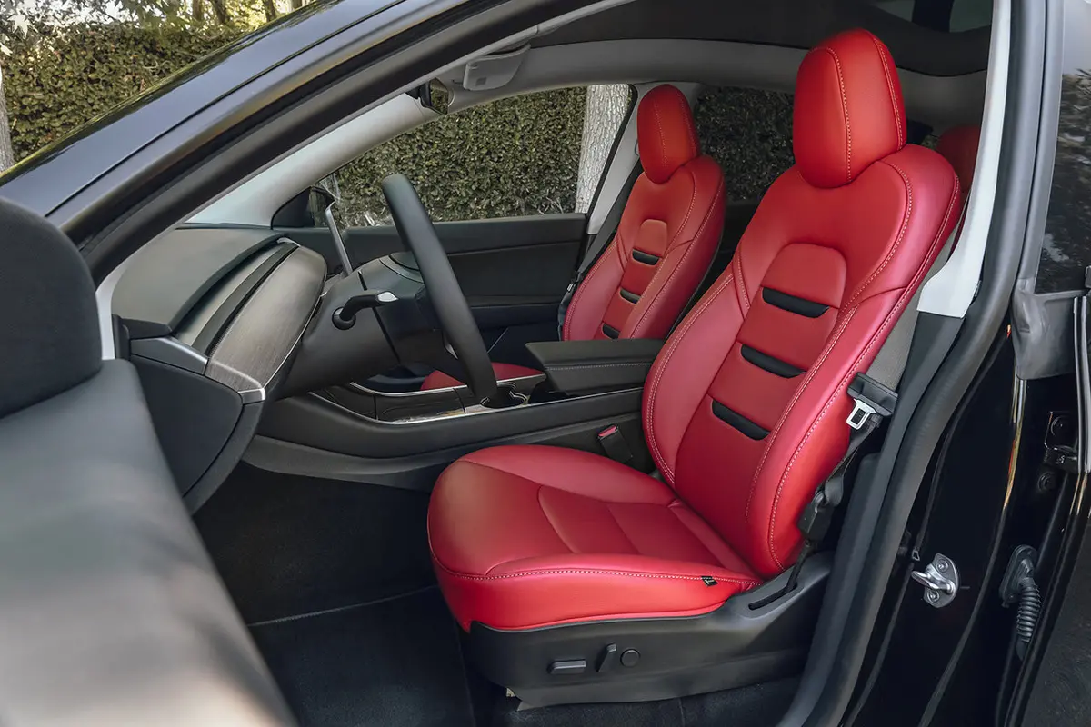 Special Deal! Red Leather & Black Suede Tesla Model Y 5 Seat Interior Upgrade Kit (2020-2022) - Insignia Design 1