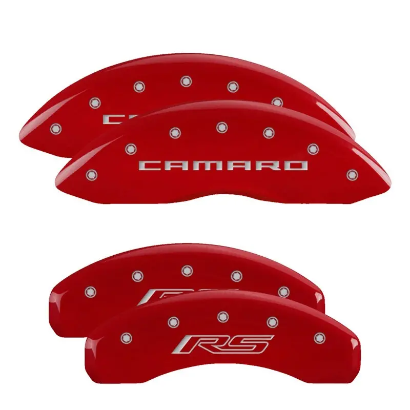 Mgp Engraved Caliper Covers – Front & Rear For Chevrolet Camaro Gen 5 (Including Rs), Red Finish With Silver Chrome Accents 1